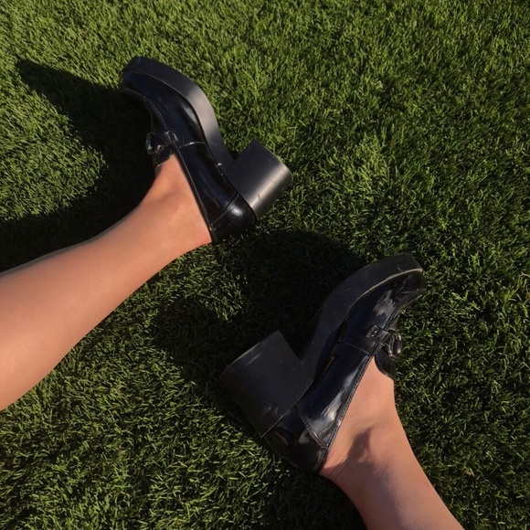 Black patent leather platform oxford loafer mules - Picture 3 of 4